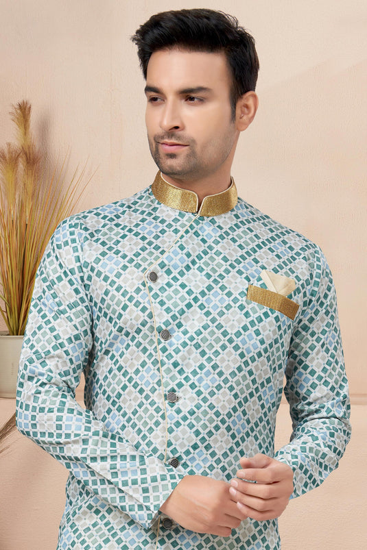 Cotton Printed Teal Magnificent Readymade Men Indo Western