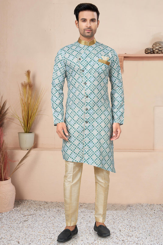 Cotton Printed Teal Magnificent Readymade Men Indo Western