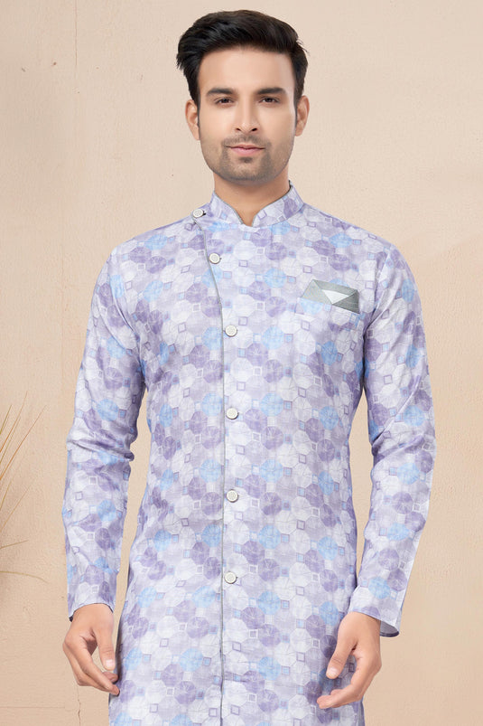 Printed Lavender Color Readymade Cotton Fabric Indo Western For Men
