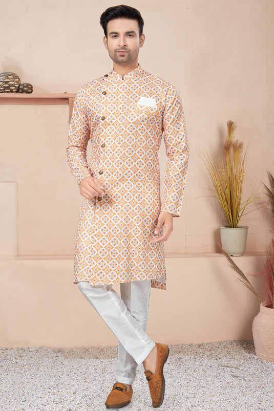 Cotton Fabric Printed Readymade Orange Color Indo Western For Men