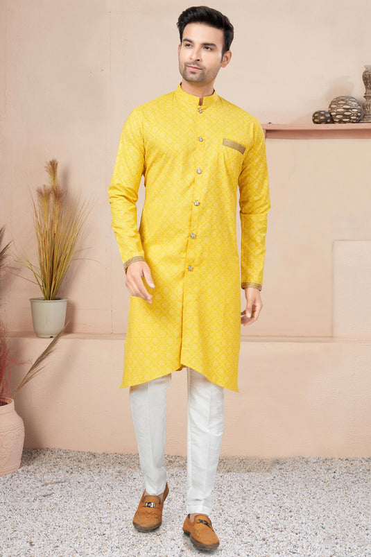 Printed Readymade Indo Western For Men In Yellow Cotton Fabric
