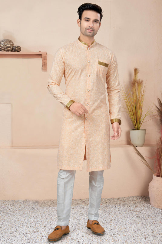 Printed Readymade Indo Western For Men In Cotton Peach Color