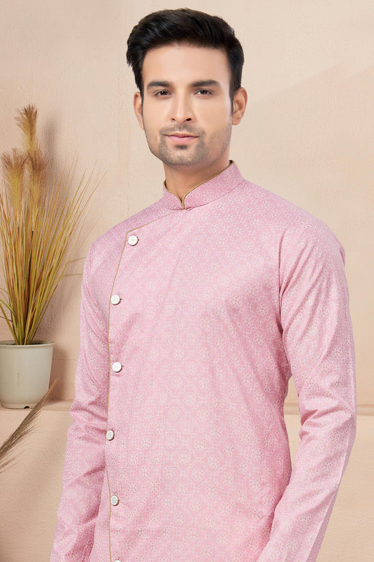 Pink Color Printed Cotton Fabric Fancy Readymade Indo Western For Men