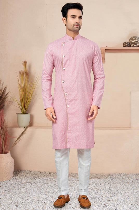 Pink Color Printed Cotton Fabric Fancy Readymade Indo Western For Men