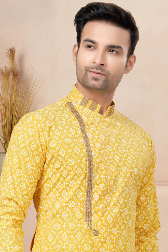Yellow Color Cotton Fabric Printed Designer Readymade Indo Western For Men
