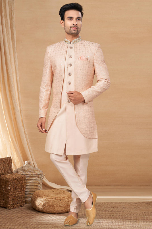 Peach Color Fancy Fabric Readymade Indo Western For Men