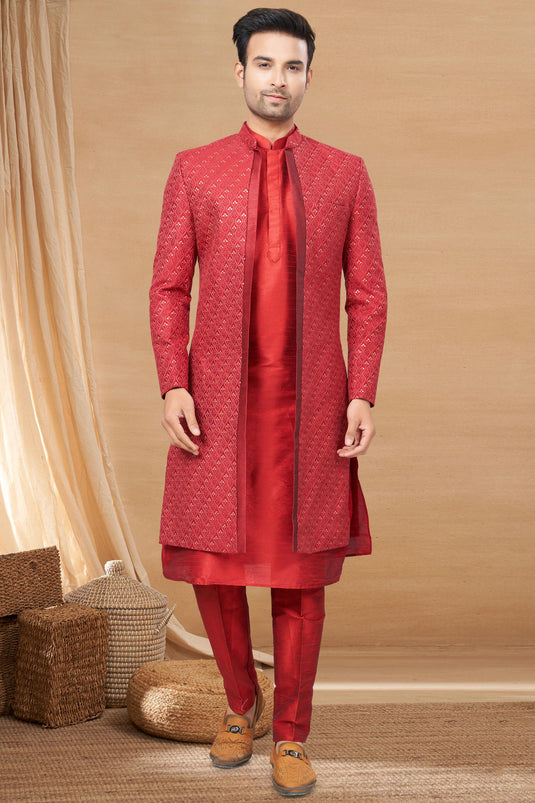 Art Silk Fabric Red Color Trendy Readymade Men Indo Western