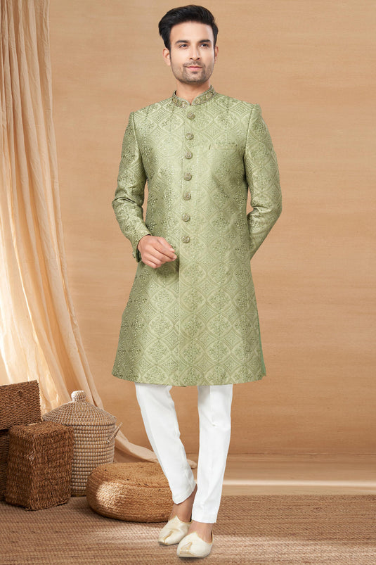 Green Color Fancy Fabric Designer Readymade Indo Western For Men