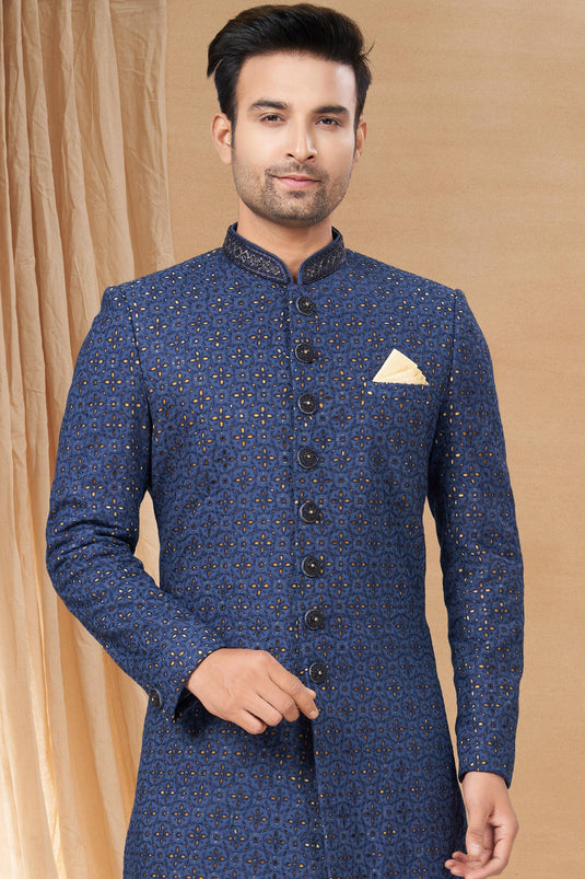 Appealing Navy Blue Color Fancy Fabric Readymade Indo Western For Men
