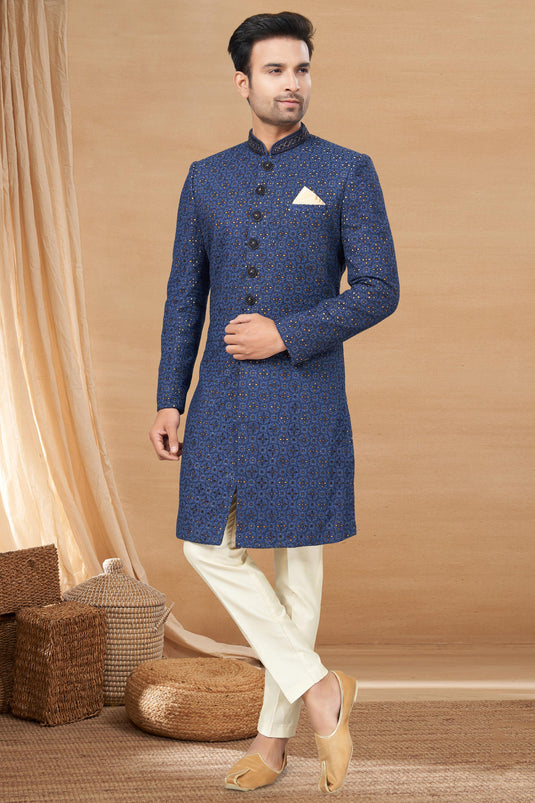 Appealing Navy Blue Color Fancy Fabric Readymade Indo Western For Men