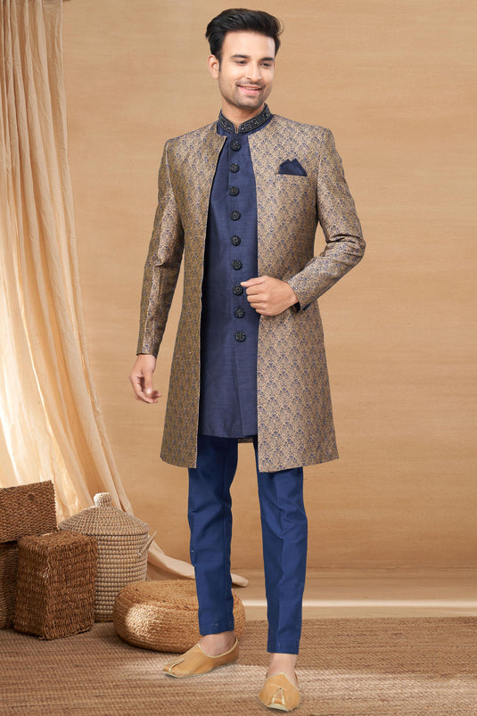 Navy Blue Color Gorgeous Art Silk Fabric Readymade Indo Western For Men