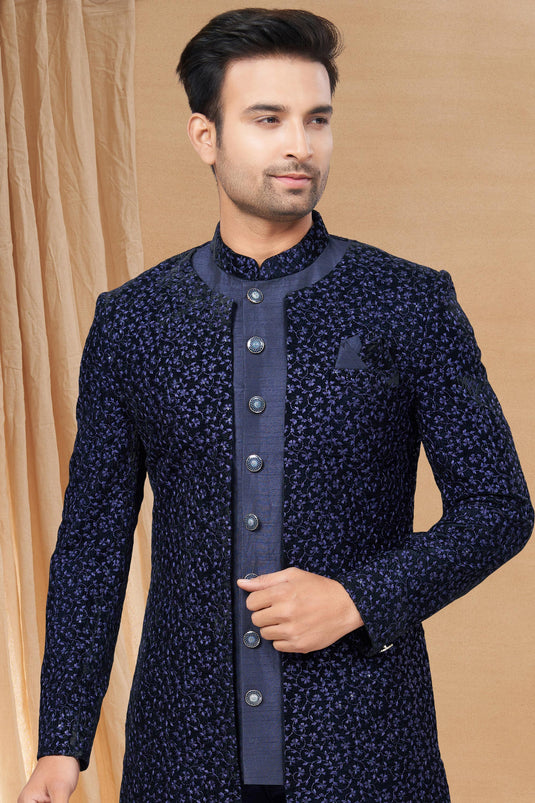 Navy Blue Color Pretty Readymade Indo Western For Men In Art Silk Fabric