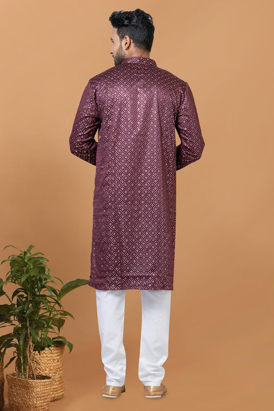 Sequins Embroidery Wine Color Gorgeous Gajji Silk Readymade Kurta Pyjama For Men