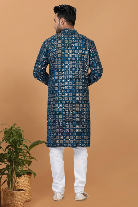 Stunning Georgette Fabric Sequins Embroidery Readymade Kurta Pyjama For Men