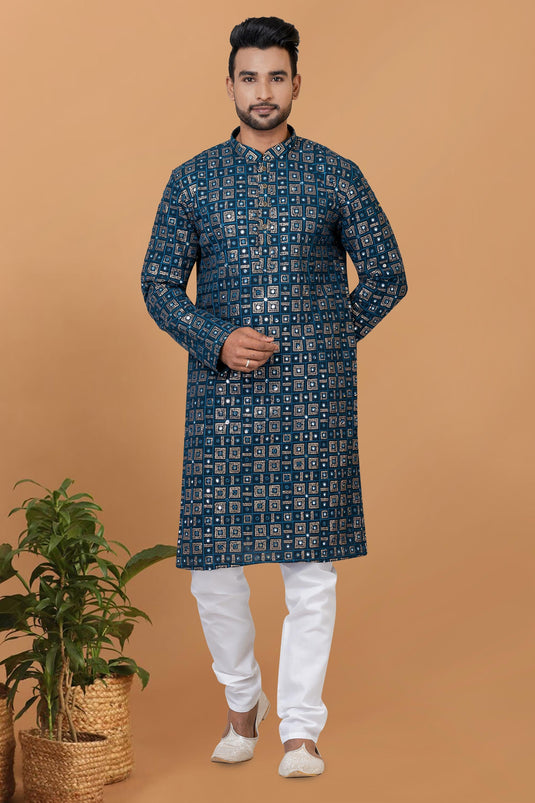 Stunning Georgette Fabric Sequins Embroidery Readymade Kurta Pyjama For Men