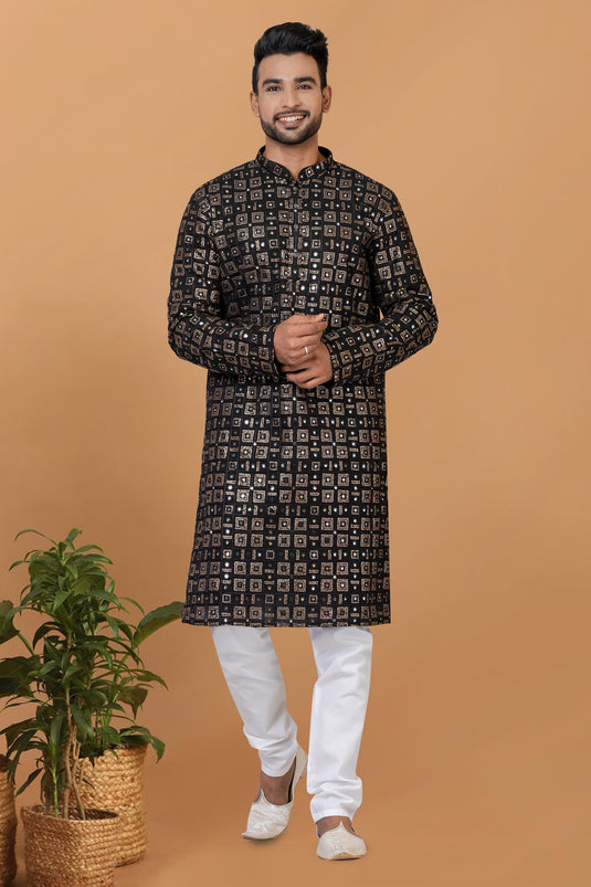 Lovely Black Color Sequins Embroidery Readymade Kurta Pyjama For Men