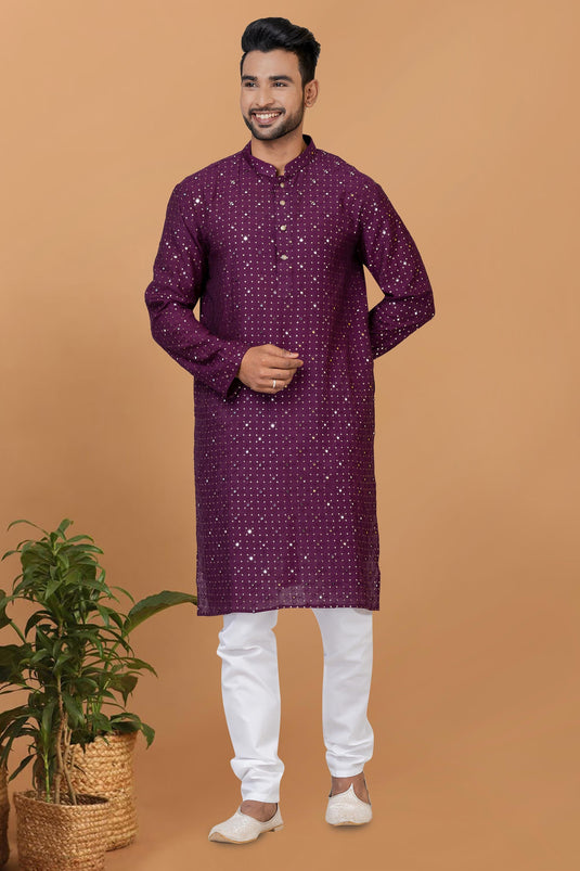 Beautiful Sequins Embroidery Cotton Fabric Readymade Kurta Pyjama For Men In Purple Color