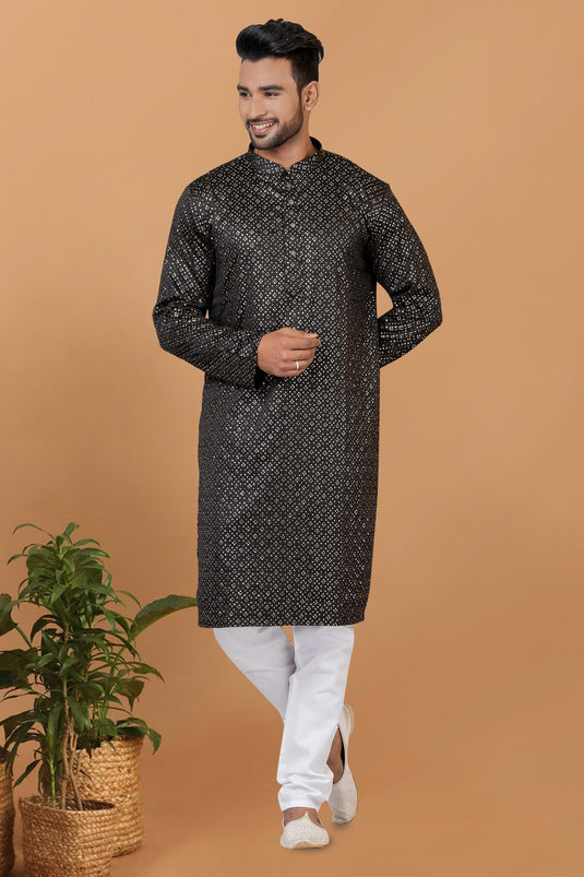 Sequins Embroidery Fancy Black Color Gajji Silk Fabric Readymade Kurta Pyjama For Men