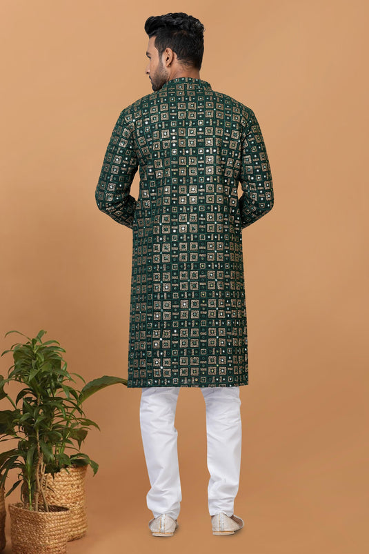 Georgette Fabric Sequins Embroidery Green Color Readymade Men Stylish Kurta Pyjama