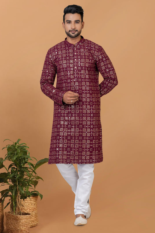 Maroon Georgette Fabric Sequins Embroidery Trendy Readymade Kurta Pyjama For Men