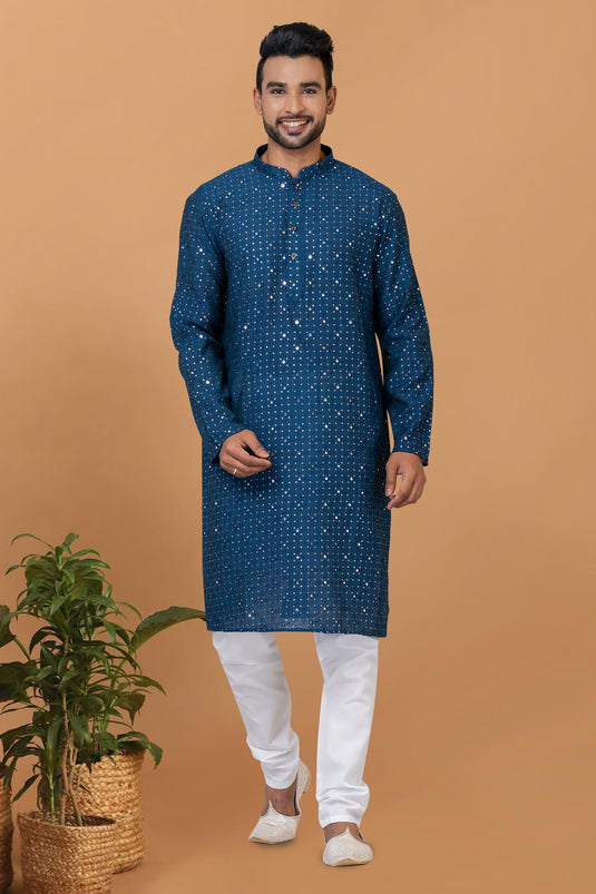 Cotton Teal Color Sequins Embroidery Readymade Designer Men Kurta Pyjama