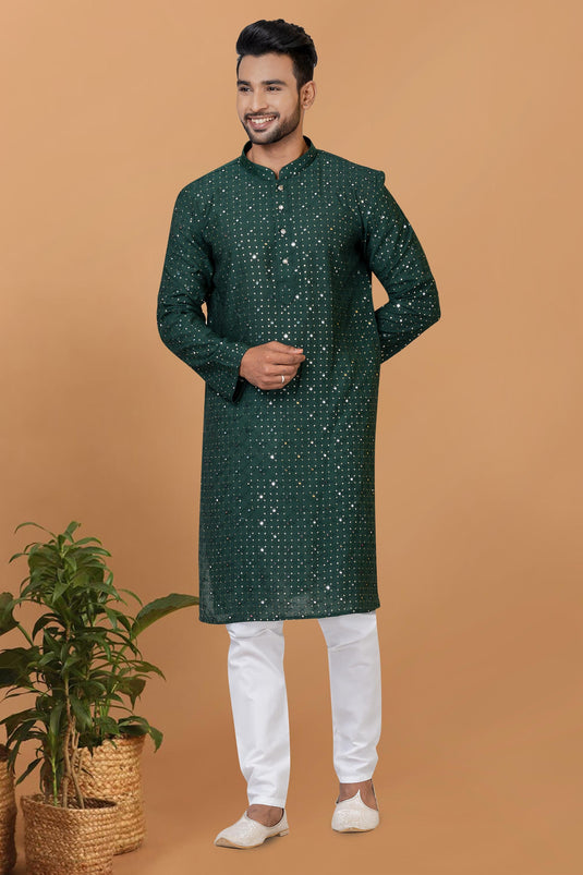 Sequins Embroidery Gorgeous Cotton Fabric Readymade Kurta Pyjama For Men