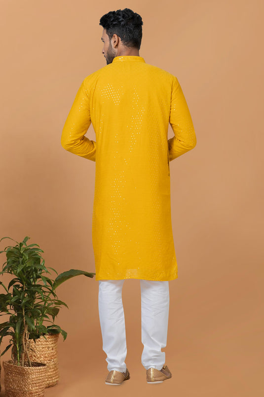 Yellow Color Lovely Sequins Embroidery Readymade Kurta Pyjama For Men