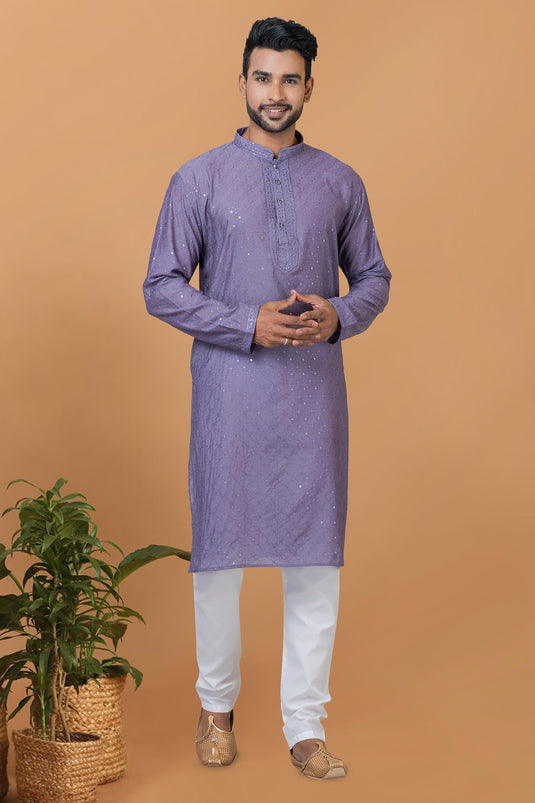 Attractive Sequins Embroidery Readymade Men Kurta Pyjama In Purple Color