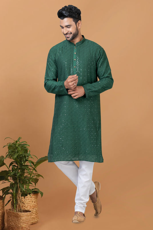 Readymade Glamorous Sequins Embroidery Kurta Pyjama For Men In Cotton Fabric