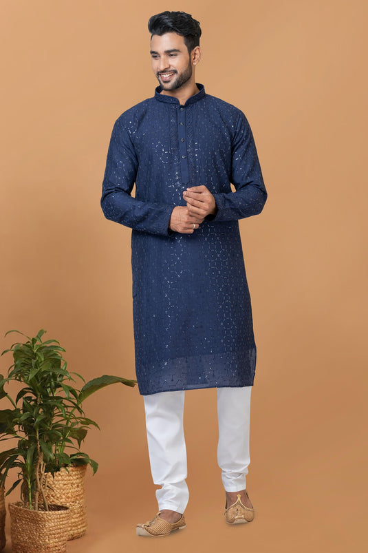 Cotton Sequins Embroidery Navy Blue Magnificent Readymade Men Kurta Pyjama