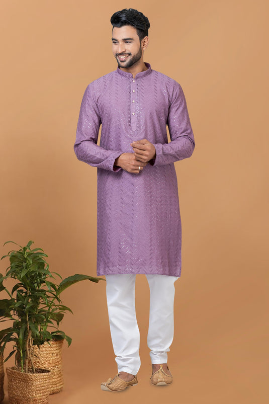 Sequins Embroidery Lavender Color Readymade Cotton Fabric Kurta Pyjama For Men