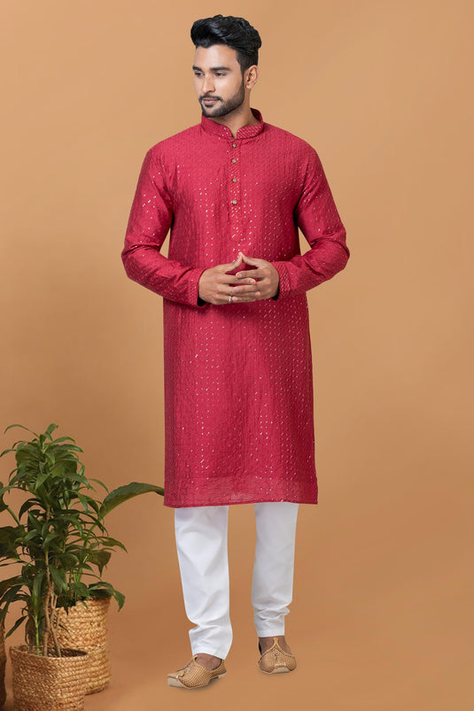 Sequins Embroidery Readymade Kurta Pyjama For Men In Red Cotton Fabric