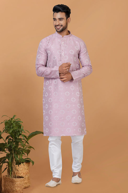 Art Silk Lavender Color Readymade Designer Men Kurta Pyjama