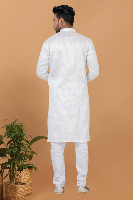 Beautiful White Color Readymade Kurta Pyjama For Men In Art Silk Fabric