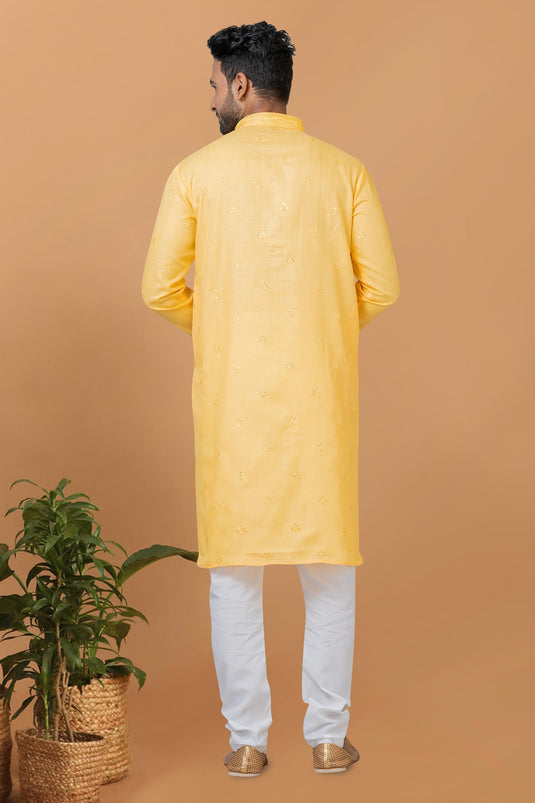 Attractive Readymade Men Kurta Pyjama In Yellow Color