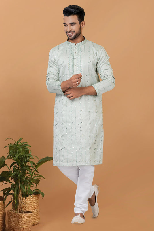 Sea Green Color Artistic Readymade Men Kurta Pyjama