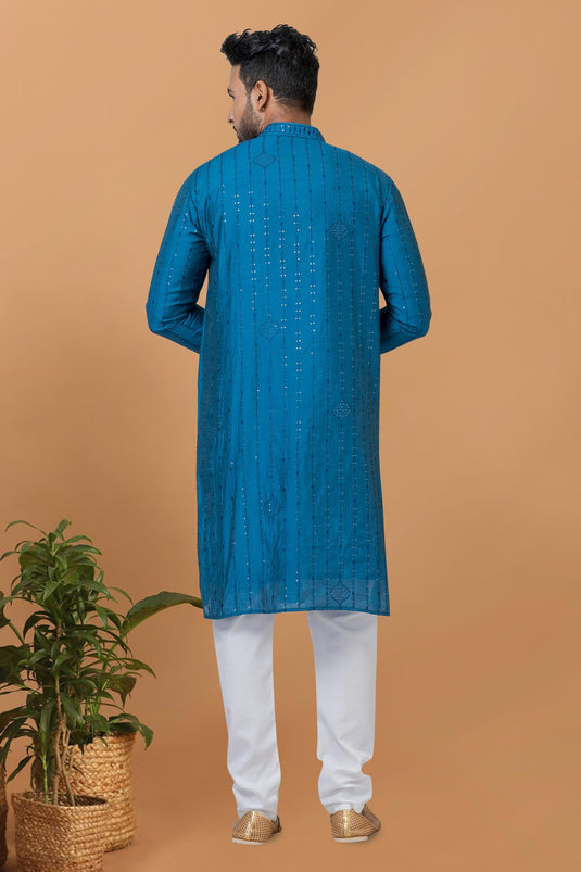 Teal Cotton Fabric Readymade Kurta Pyjama For Men