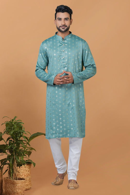 Art Silk Cyan Color Readymade Kurta Pyjama For Men