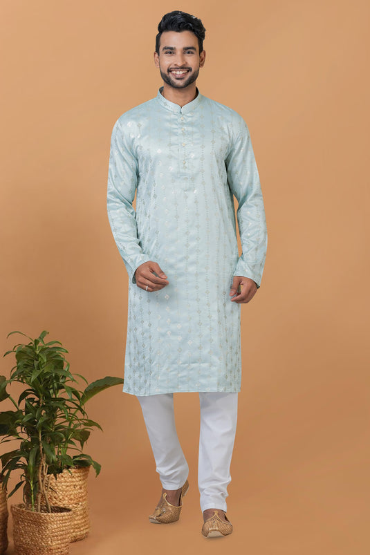 Art Silk Fabric Light Cyan Color Trendy Readymade Men Kurta Pyjama