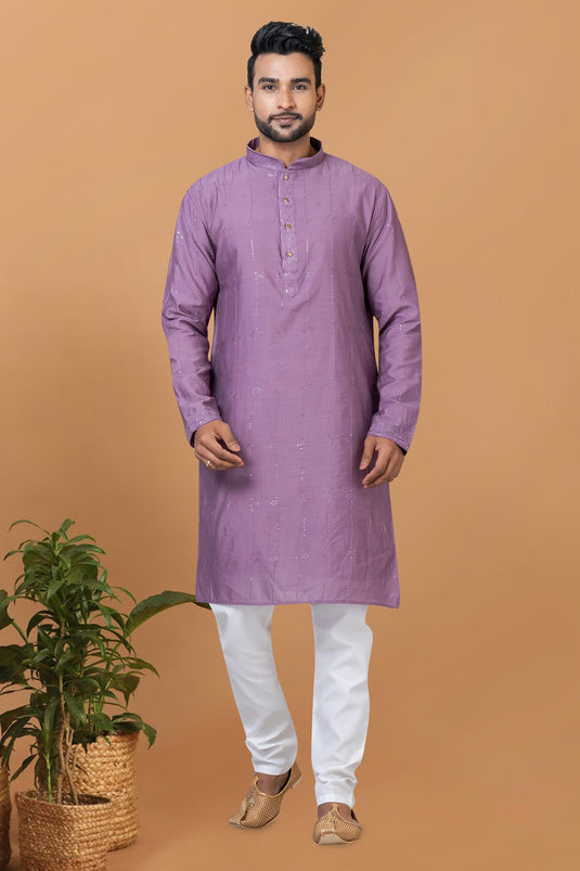 Purple Color Cotton Fabric Designer Readymade Kurta Pyjama For Men