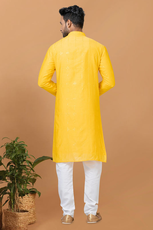 Yellow Color Engaging Cotton Fabric Readymade Kurta Pyjama For Men