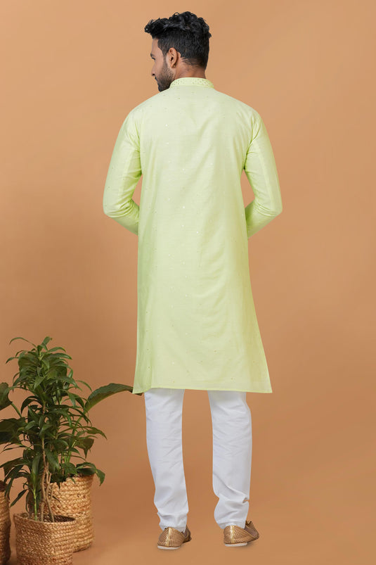 Sea Green Color Cotton Fabric Captivating Readymade Kurta Pyjama For Men