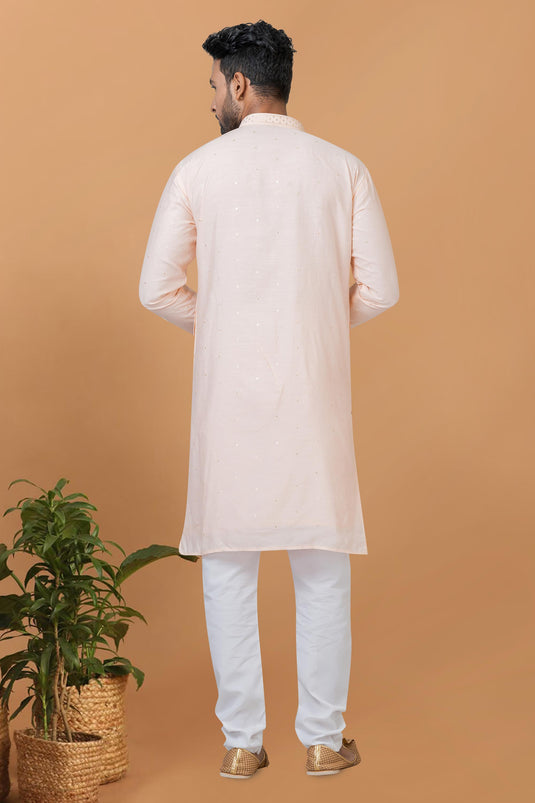 Peach Color Gorgeous Cotton Readymade Kurta Pyjama For Men