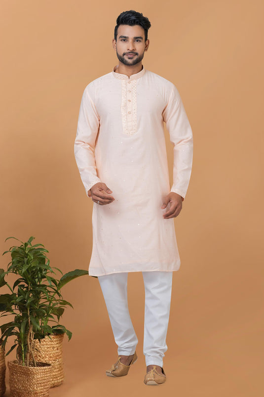 Peach Color Gorgeous Cotton Readymade Kurta Pyjama For Men