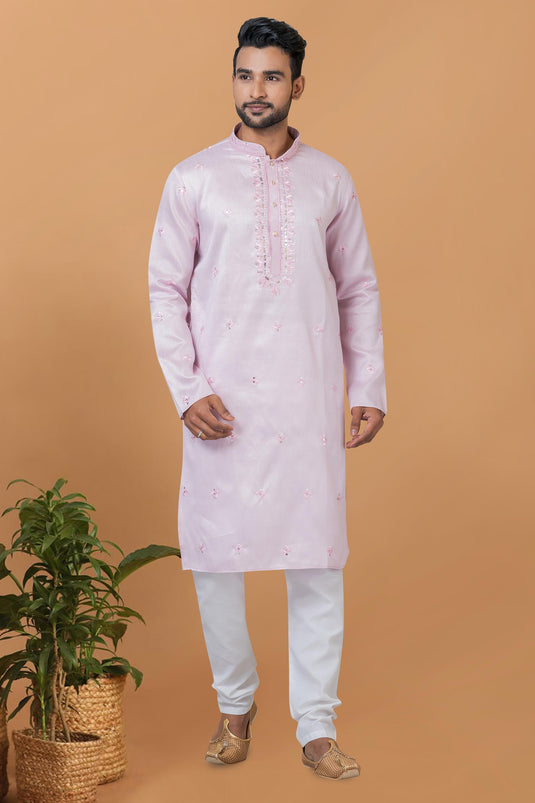 Lovely Pink Color Readymade Kurta Pyjama For Men