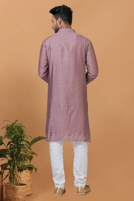 Cotton Fabric Sequins Embroidery Lavender Color Festive Wear Readymade Men Stylish Kurta Pyjama