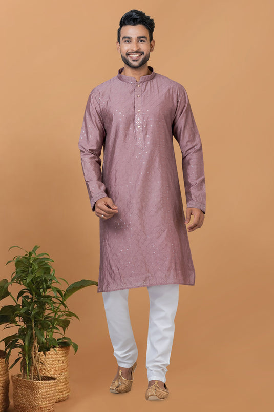 Cotton Fabric Sequins Embroidery Lavender Color Festive Wear Readymade Men Stylish Kurta Pyjama