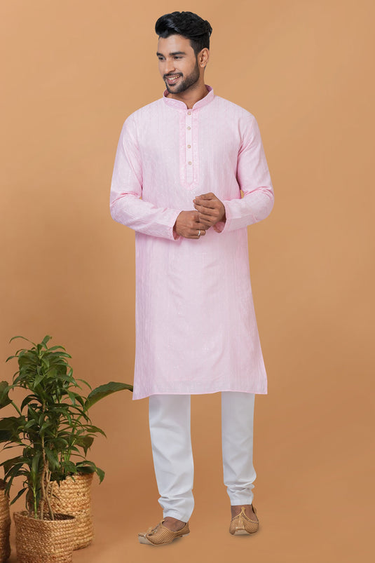 Sequins Embroidery Pink Function Wear Readymade Men Kurta Pyjama