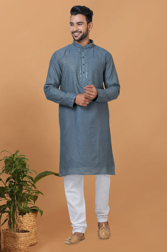 Lovely Grey Color Cotton Sequins Embroidery Readymade Kurta Pyjama For Men