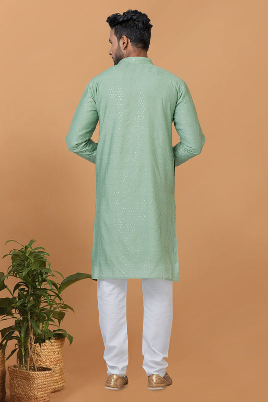 Beautiful Sequins Embroidery Sea Green Color Wedding Wear Readymade Kurta Pyjama For Men In Cotton Fabric